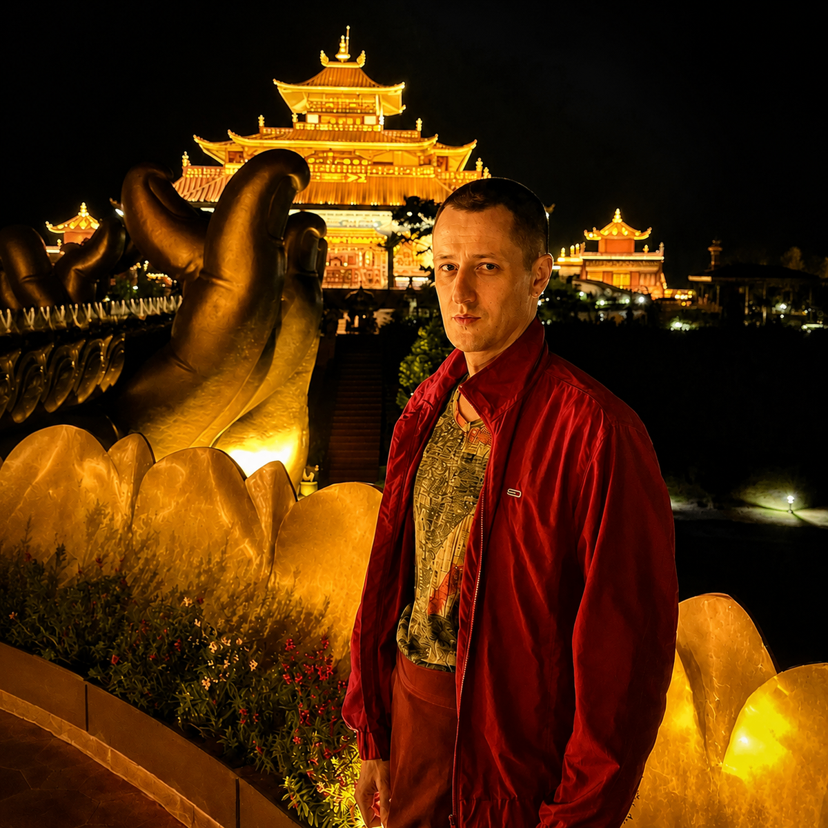 Bronze Buddha hand on a lotus, photographed at night beside Valentin Roganov
