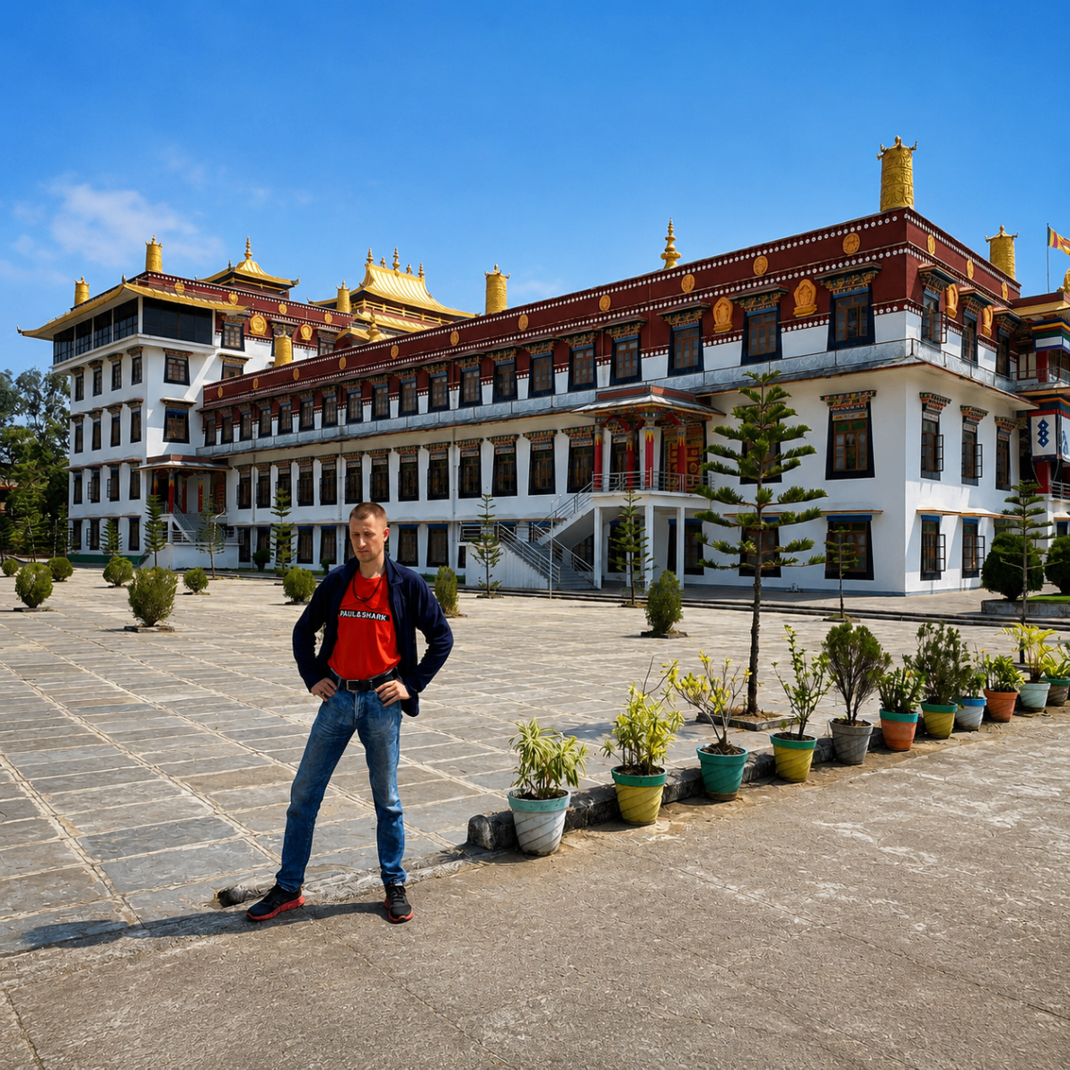 Valentin Roganov at a Tibetan monastery courtyard