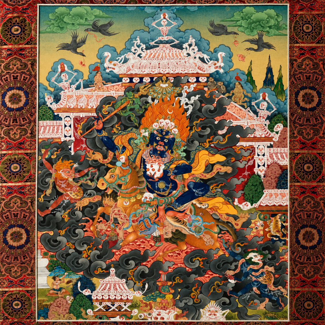 Wrathful protector deity thangka in a traditional frame